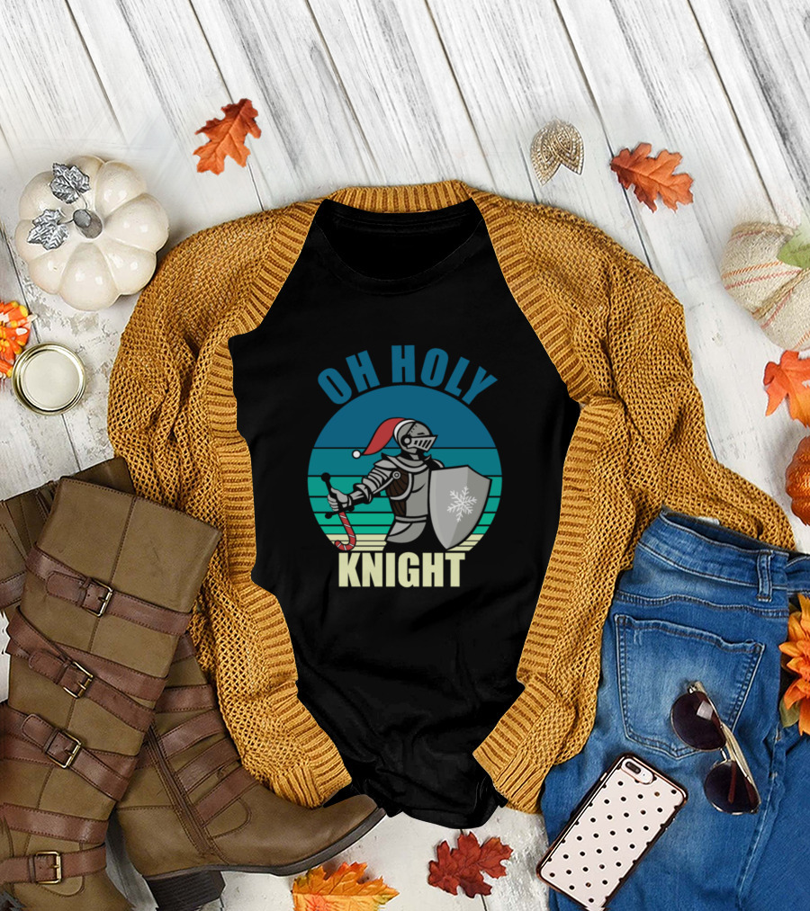 Oh Holy Knight Candy Cane Santa Hat Snowflake Shield Christmas Pun T-Shirt
