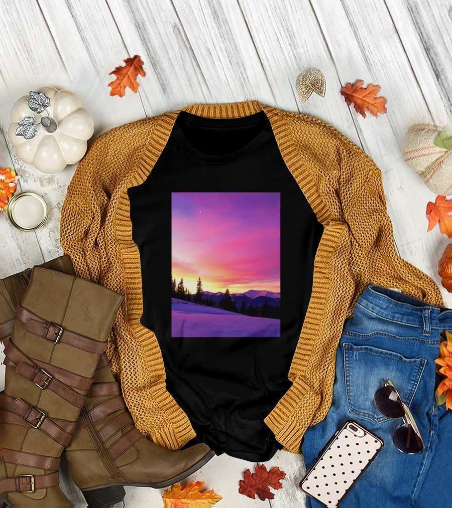Purple Winter Sunset Snowy Mountain Landscape T-Shirt