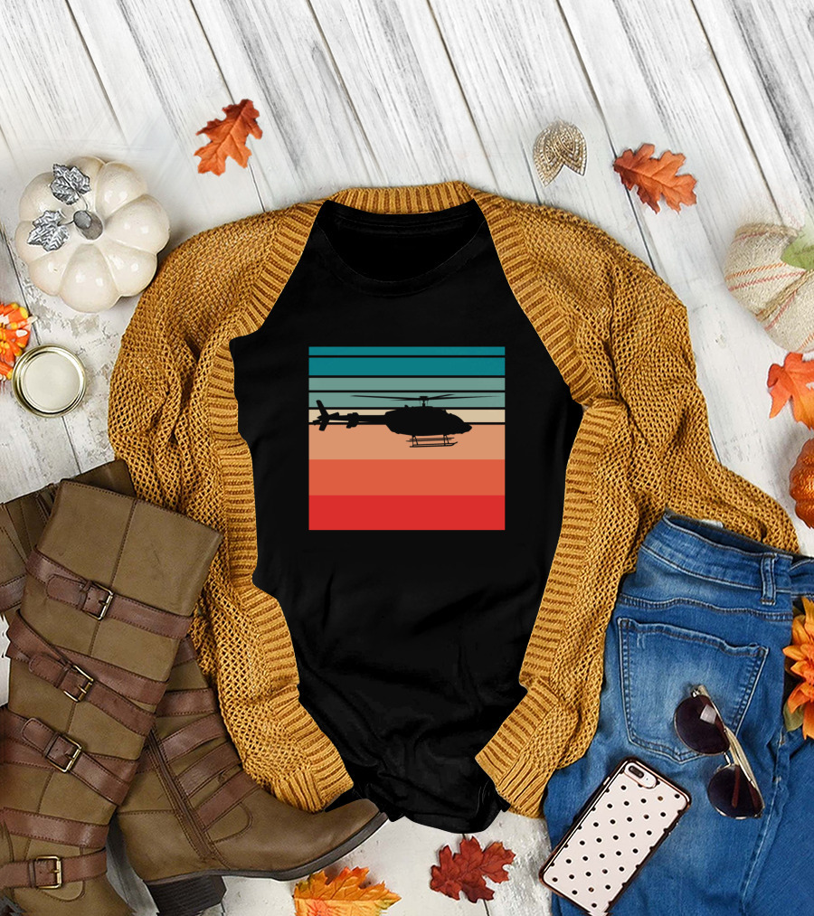 Retro Sunset Helicopter Silhouette Vintage Stripes T-Shirt