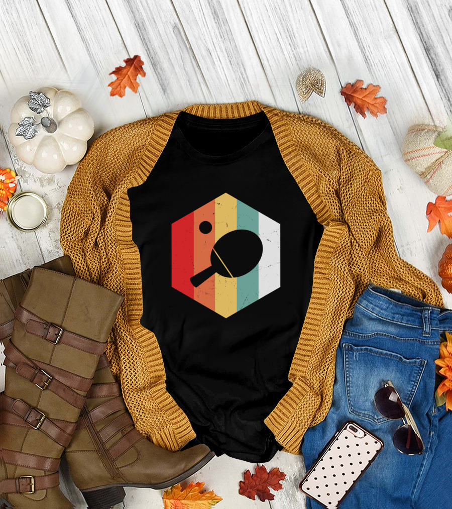 Retro Table Tennis Paddle Hexagon Vintage Stripes T-Shirt