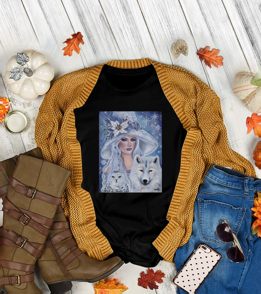 White Witch Wolf Snowy Owl Winter Stars Renee Lavoie T-Shirt