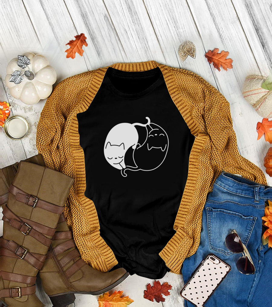 Yin Yang Cat Sisters Black and White Harmony T-Shirt