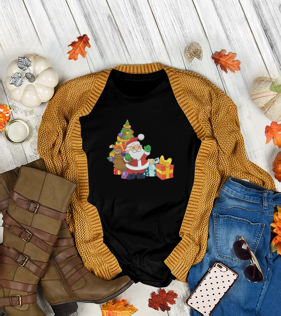 Santa Claus and Christmas Tree with Gifts T-Shirt