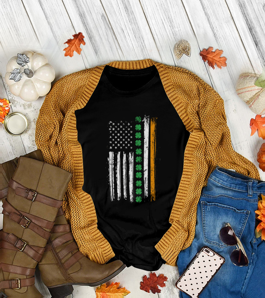American Flag with Green Shamrocks and Irish Colors T-Shirt