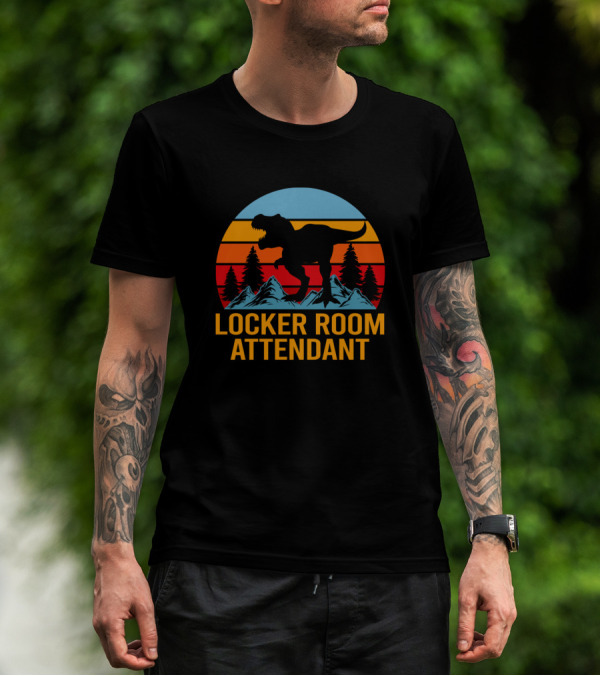 Locker Room Attendant Dinosaur Sunset Mountains T-Shirt