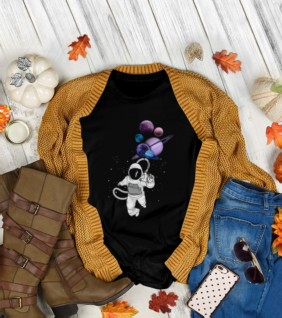 Astronaut Floating with Planet Balloons in Outer Space Fiction T-Shirt
