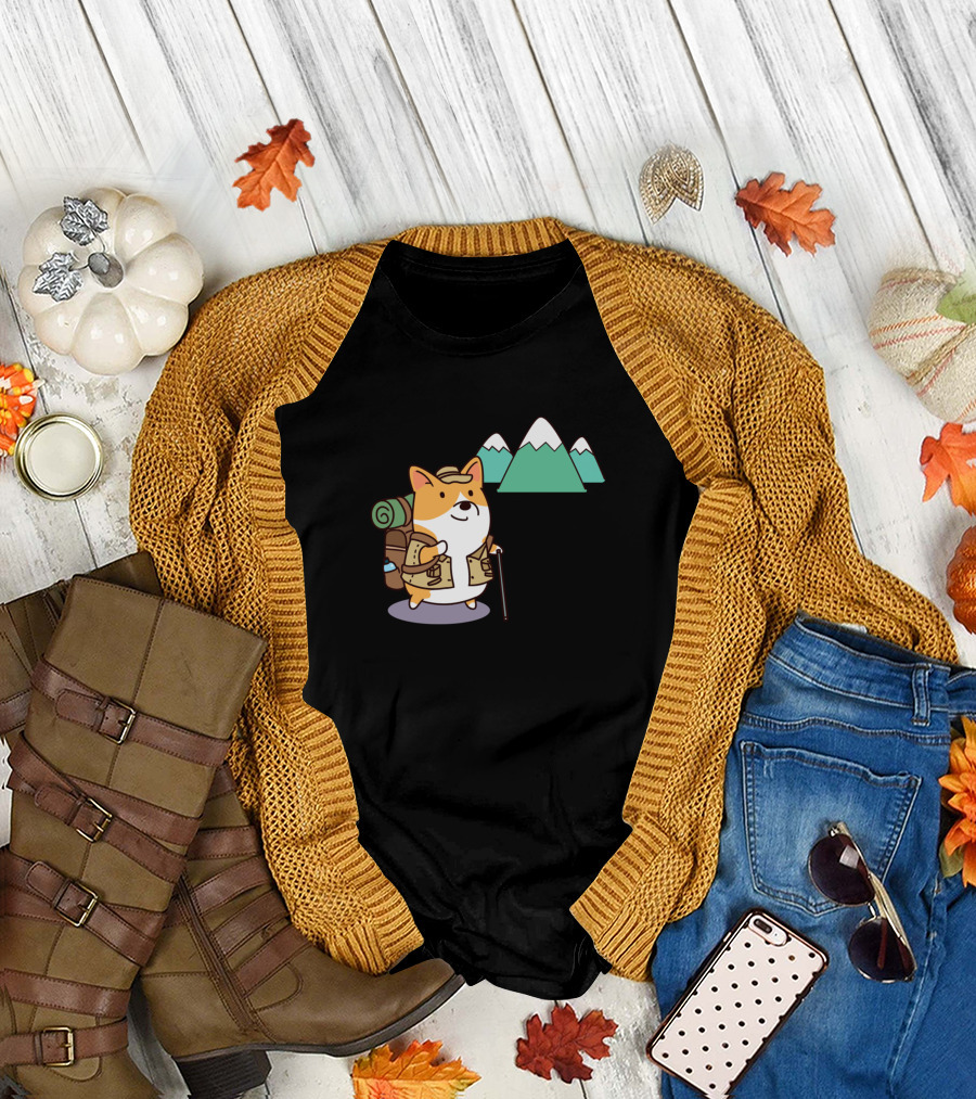 Take A Hike Corgi with Backpack and Mountains T-Shirt