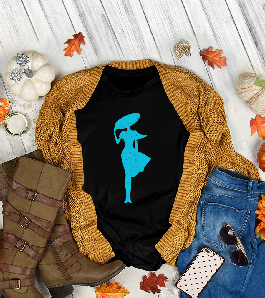 Lady In The Wind Hat Silhouette Blue T-Shirt