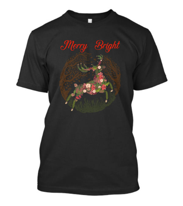 Merry Bright Botanical Christmas Floral Reindeer T-Shirt