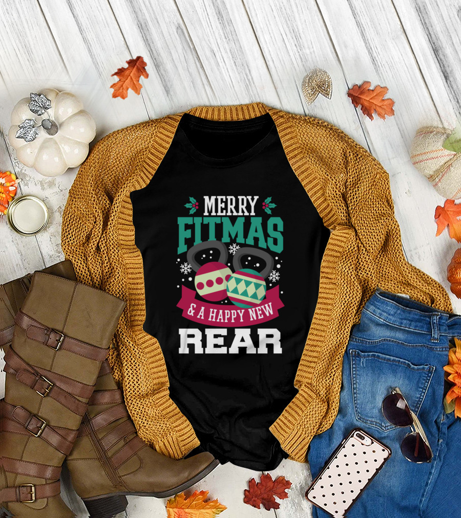 Merry Fitmas And A Happy New Rear Kettlebell Snowflakes Christmas T-Shirt