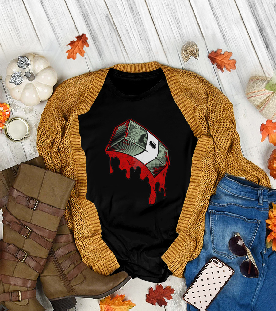 Bloody Dripping Hundred Dollar Bill with Skull T-Shirt