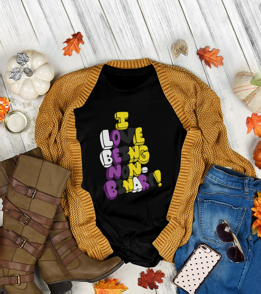 I Love Being Non Binary 3D Text Design with Yellow White Purple Black Colors T-Shirt