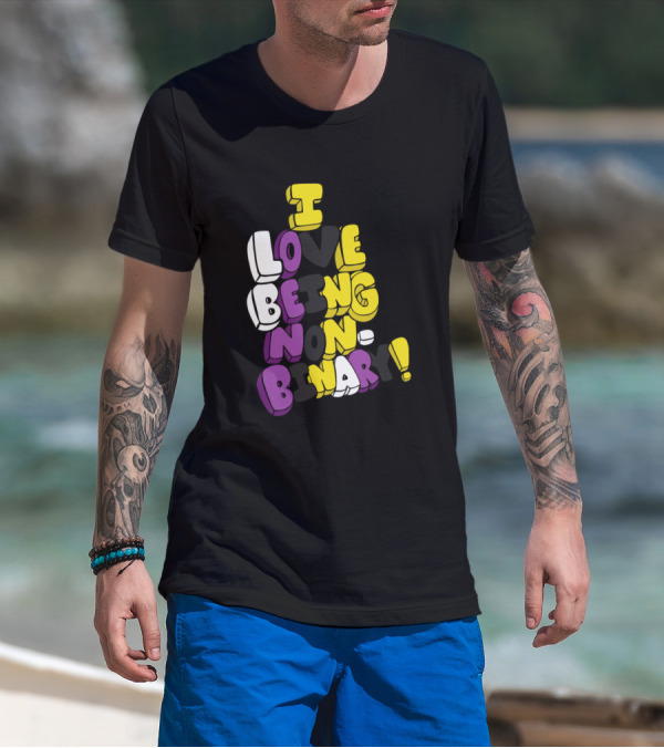 I Love Being Non Binary 3D Text Design With Yellow White Purple Black Colors T-Shirt