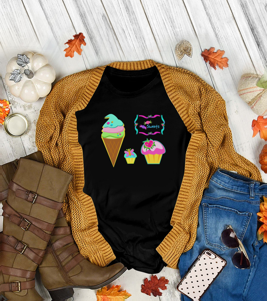 Sweets Ice Cream and Cupcakes with Butterflies and Flowers T-Shirt