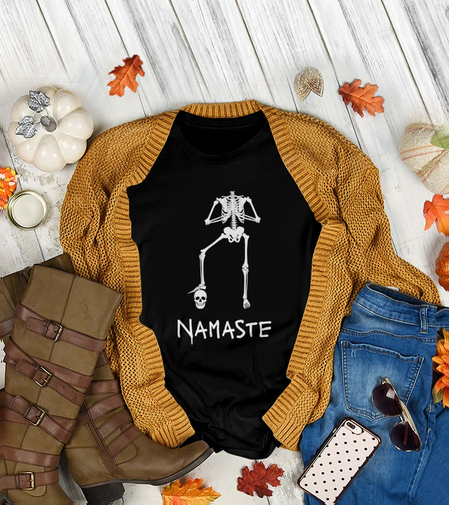 Namaste Funny Skeleton Yoga Asanas Losing Head T-Shirt