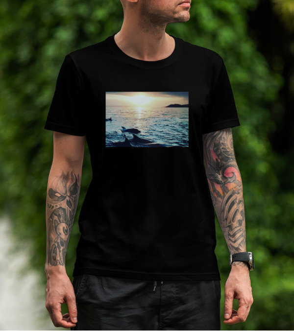 Dolphins At Sunset Ocean Japan Scene T-Shirt
