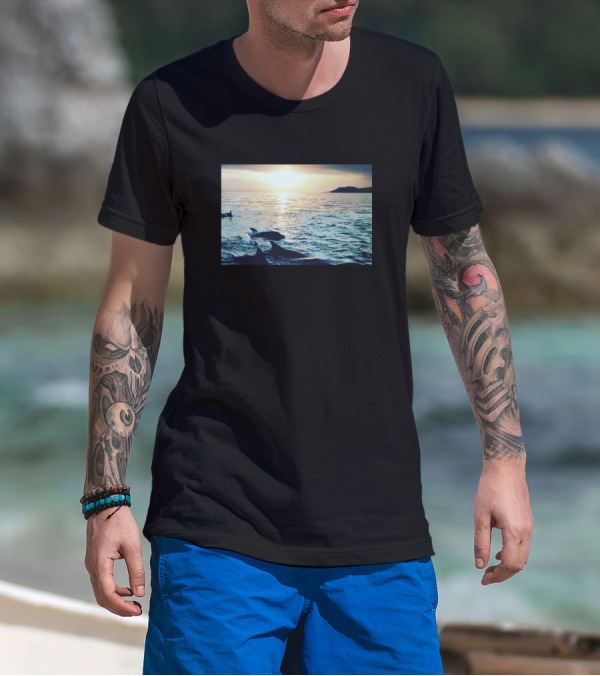 Dolphins At Sunset Ocean Japan Scene T-Shirt