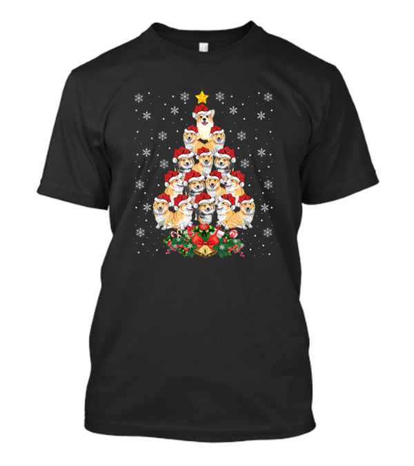 Corgi Puppies Xmas Christmas Tree With Santa Hats And Snowflakes T-Shirt