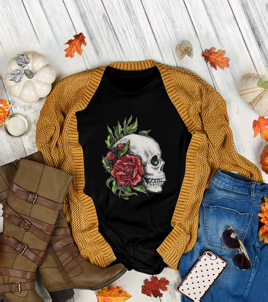 Floral Skull with Roses Tattoo T-Shirt