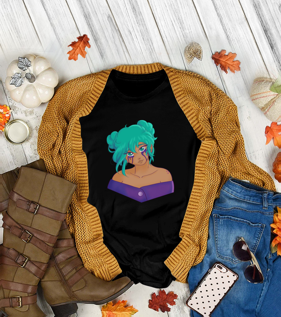 Glitter Tears Aqua-Haired Girl with Vibrant Eye Streams T-Shirt