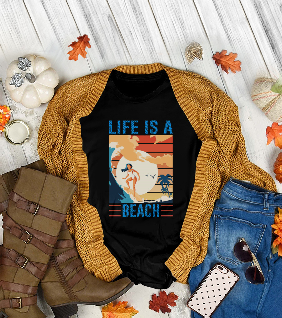 LIFE IS A BEACH Sunset Surfer with Palms Ocean Waves T-Shirt