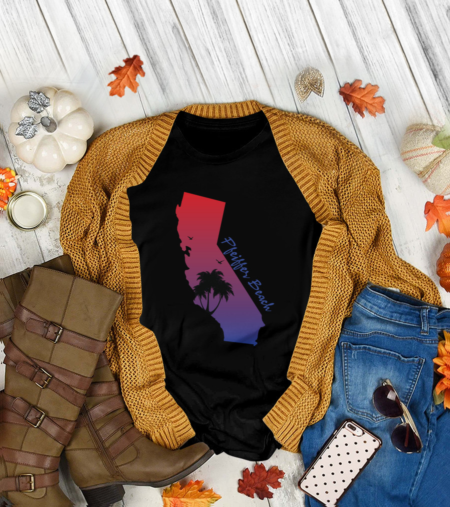 Pfeiffer Beach California Palm Silhouette Sunset Map T-Shirt