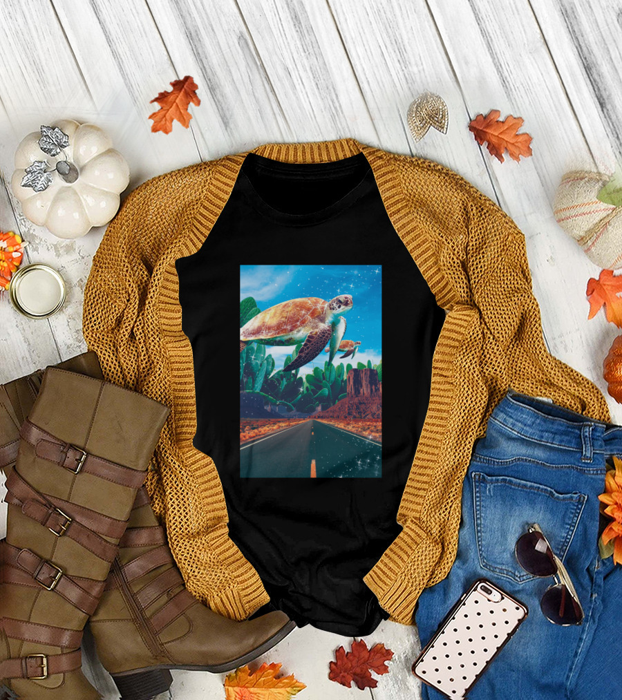Floating Turtles Over Desert Highway and Cacti Sky T-Shirt