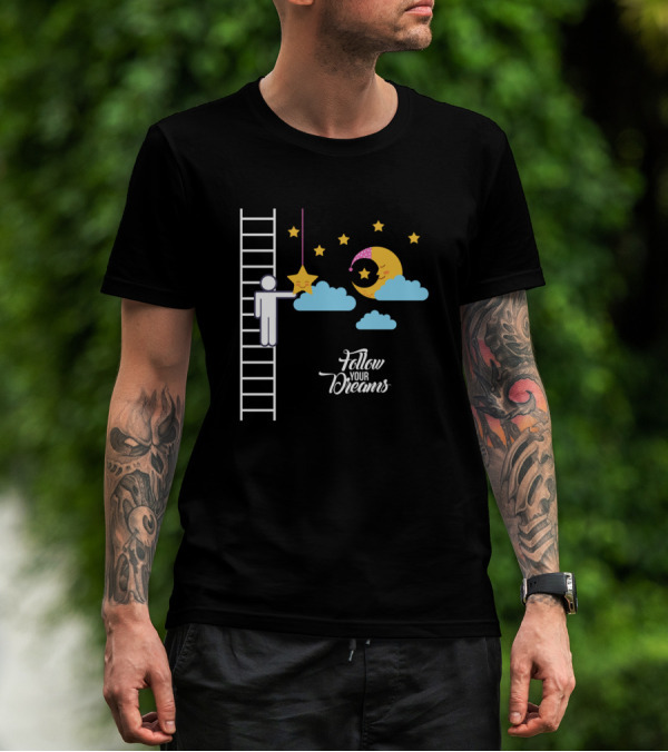 Follow Your Dreams With Moon Sleeping In Clouds And Happy Stars T-Shirt