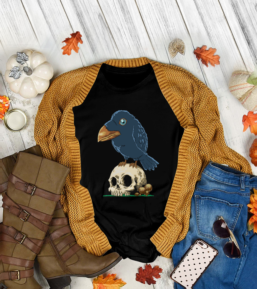 Skull Crow with Blue Bird Perched on Skull and Mushrooms T-Shirt