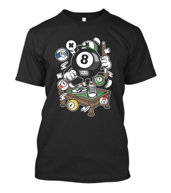 Billiard Game Featuring Animated 8 Ball Character With Pool Accessories And Comic Style Elements T-Shirt