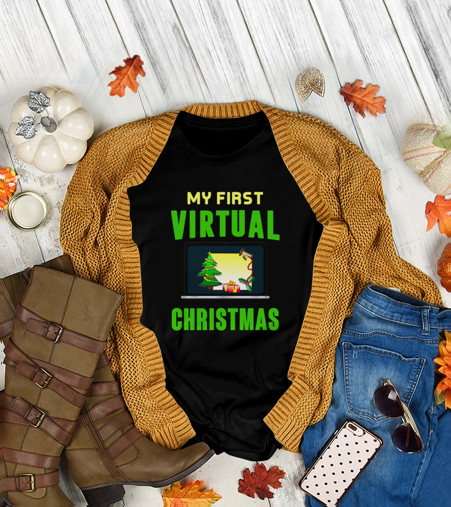 My First Virtual Christmas Laptop Funny Tree and Gifts T-Shirt