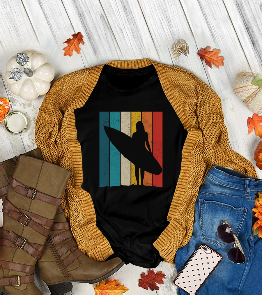 Surfer Girl Vintage Retro Surfing Beach Silhouette Stripes T-Shirt