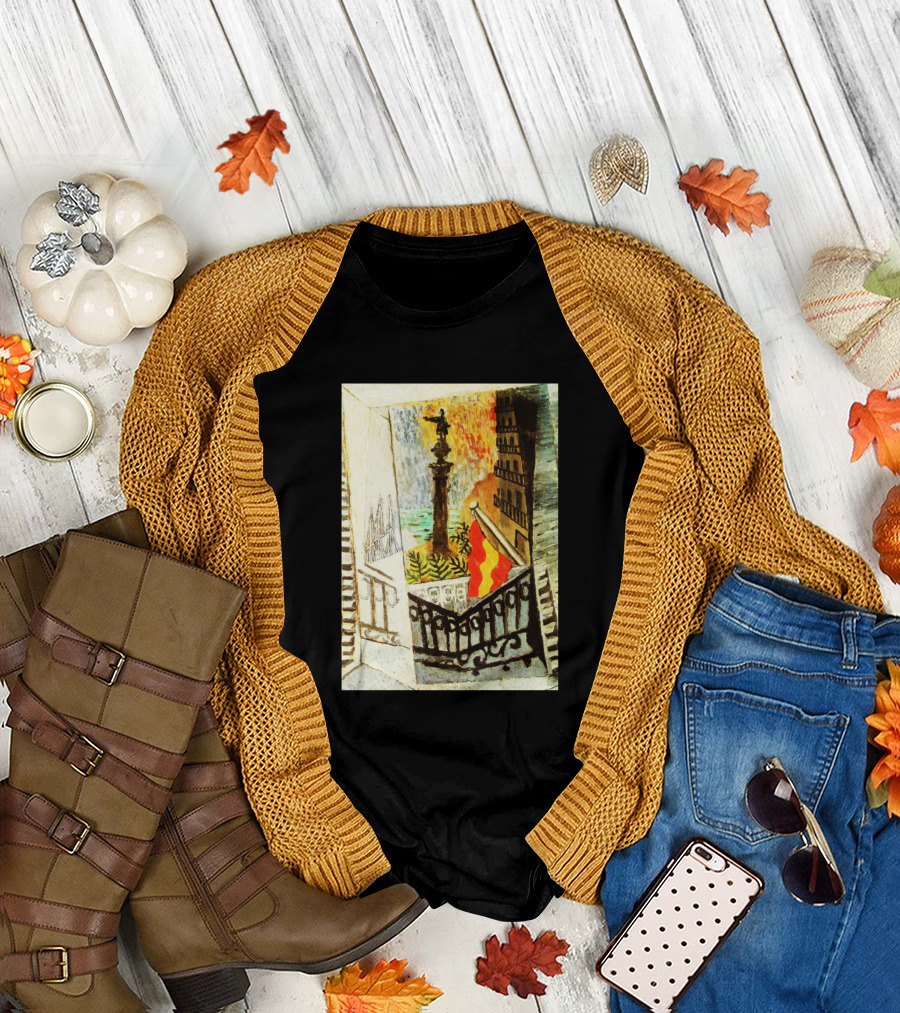 El Paseo De Colon Pablo Picasso High Resolution Balcony View with Monument and Red Yellow Flag T-Shirt