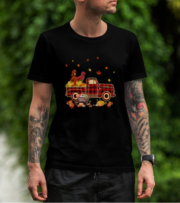 Irish Setter Buffalo Plaid Truck With Pumpkins And Fall Leaves T-Shirt