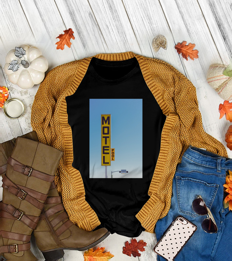 Retro Yellow Motel Pool Sign Against Clear Sky T-Shirt