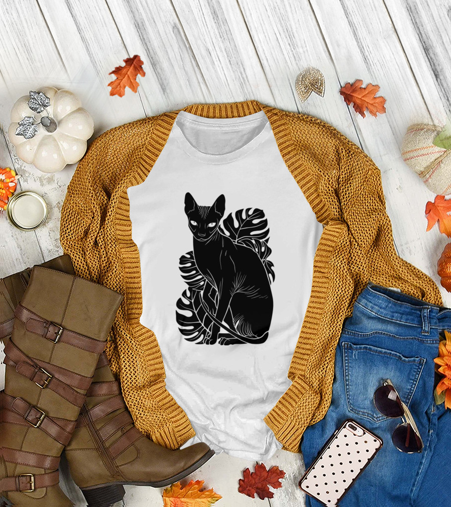 Chill Black Sphynx Cat with Tropical Leaves T-Shirt