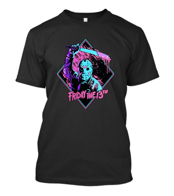 Friday The 13th Jason Mask With Machete Neon Horror T-Shirt