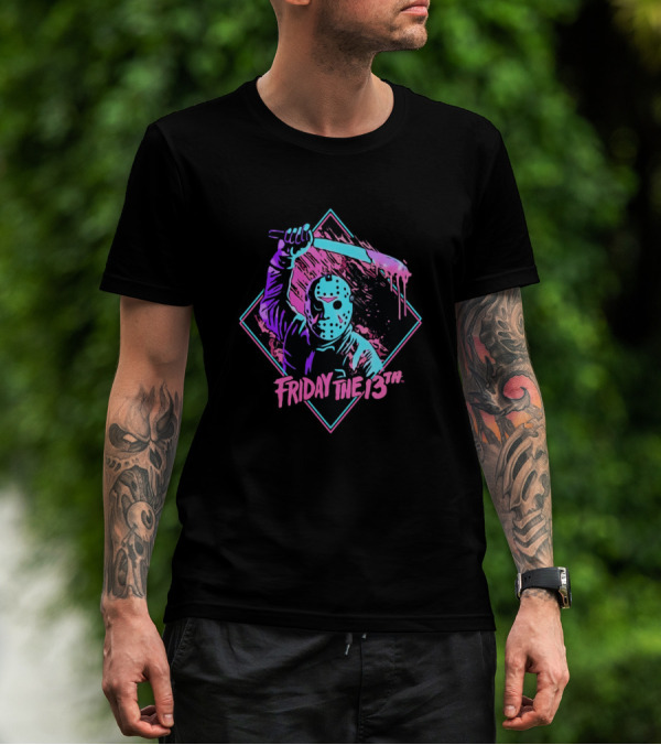 Friday The 13th Jason Mask With Machete Neon Horror T-Shirt
