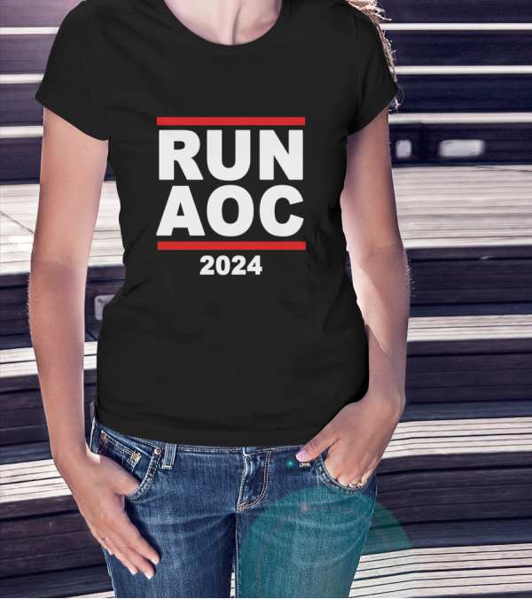 Run AOC 2024 Bold Logo Black And White Red Lines T-Shirt
