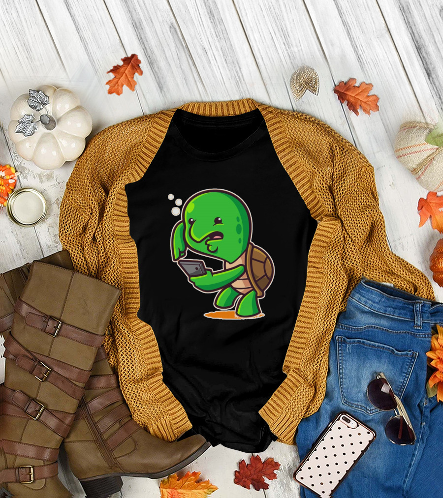 Turtle Phone Cartoon Character with Smartphone T-Shirt