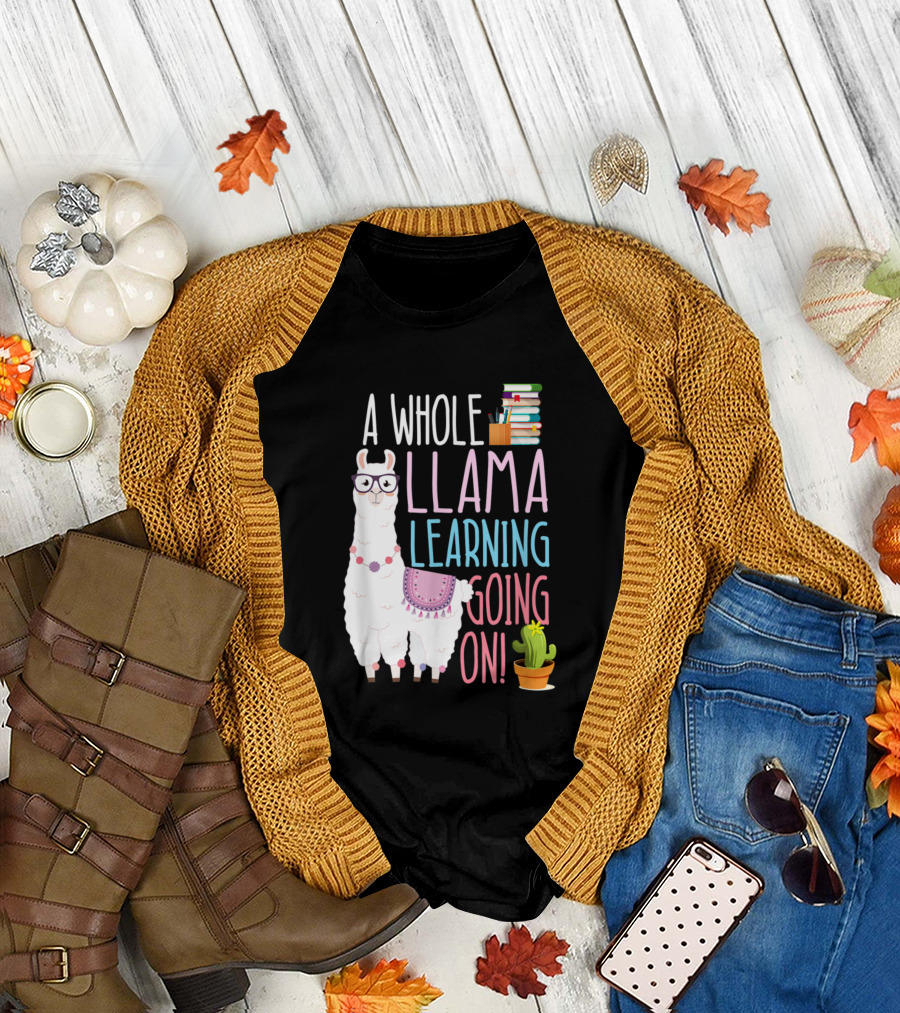 A Whole Llama Learning Going On with Books and Cactus T-Shirt