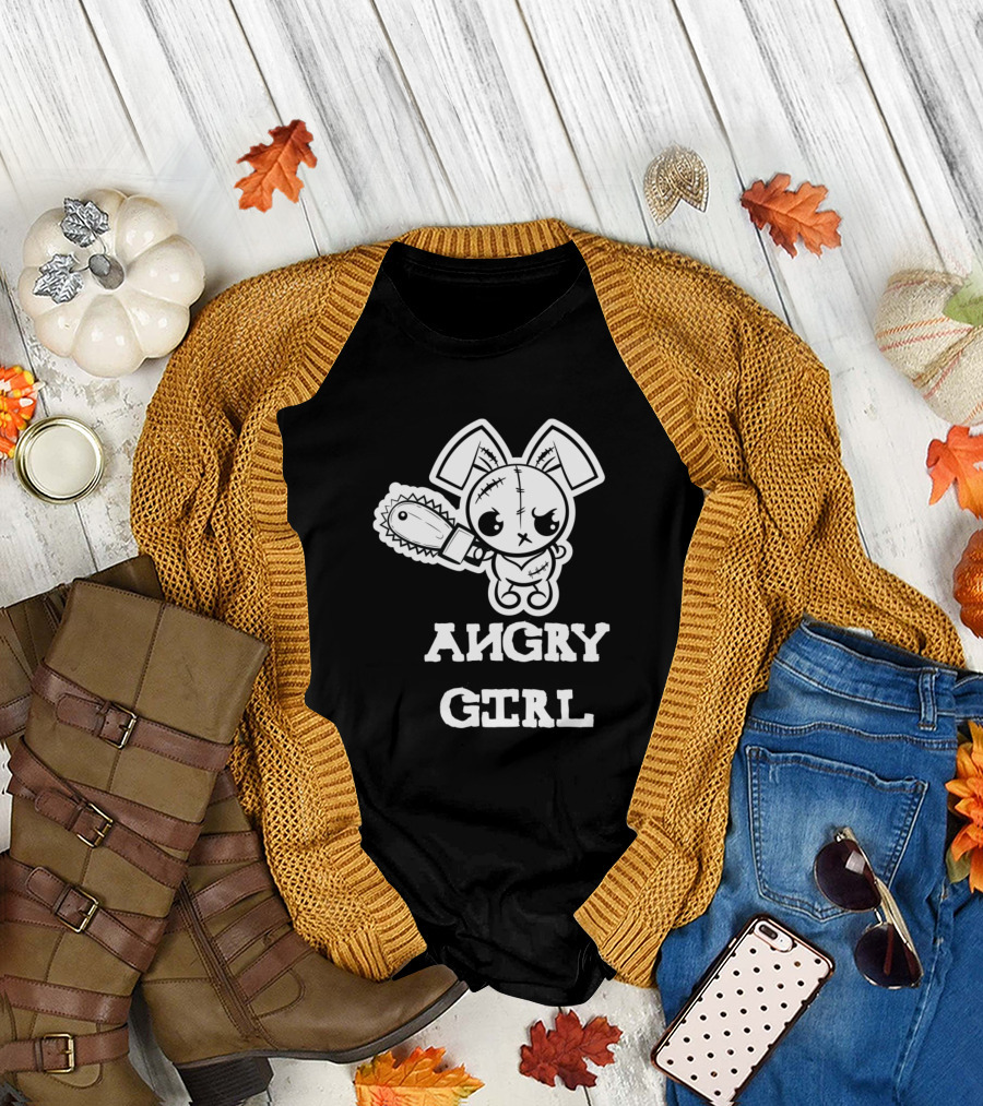 Angry Girl Grumpy Voodoo Bunny Chainsaw Cute Social Awkward T-Shirt