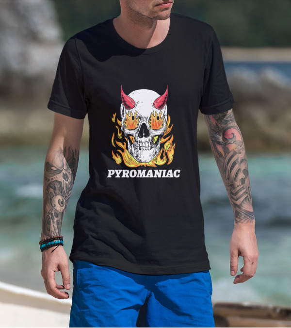 Pyromaniac Skull With Flaming Eyes And Devil Horns T-Shirt