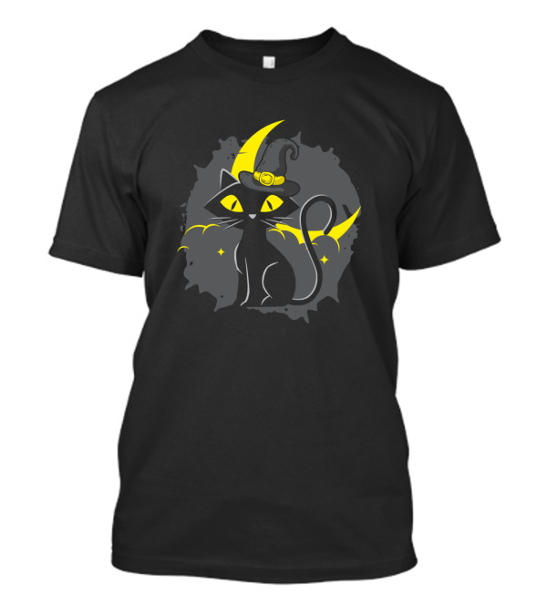 Halloween Black Cat With Witch Hat And Crescent Moon Kitt Kitty Face T-Shirt