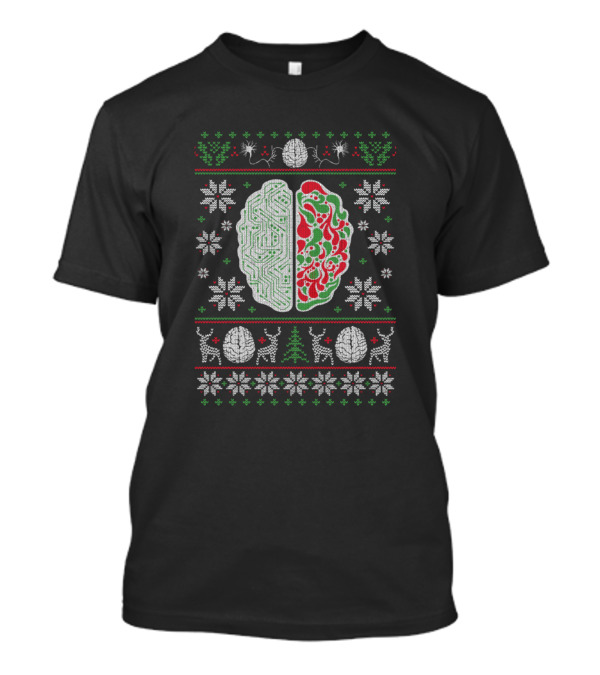 Christmas Brain Ugly Sweater With Reindeer And Snowflakes T-Shirt