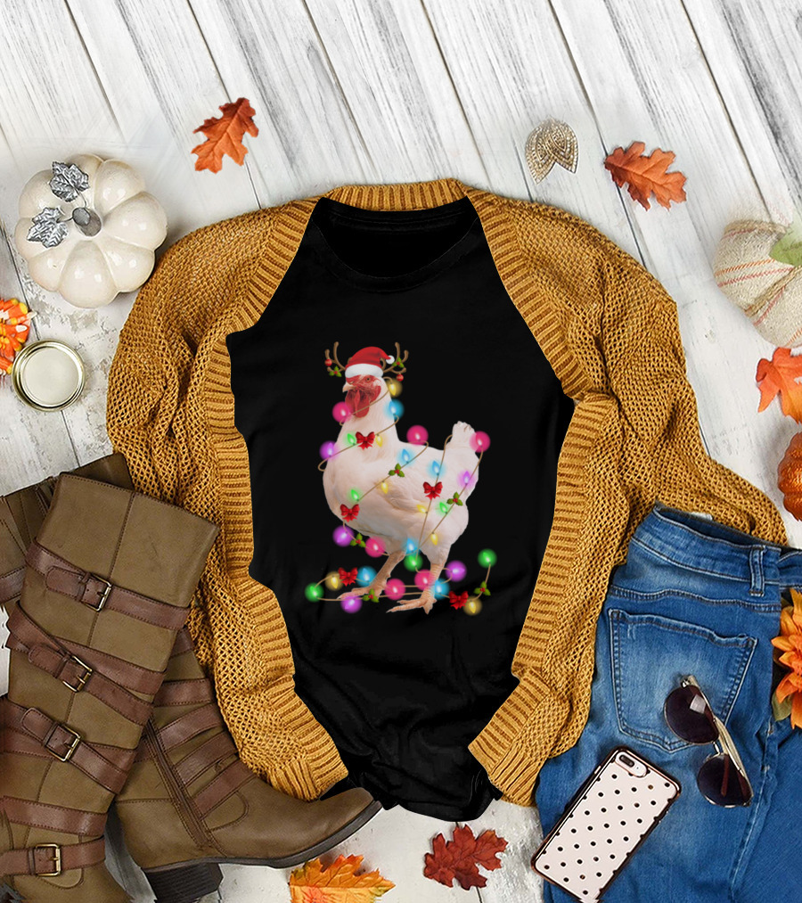 Santa Hat Chicken with Christmas Lights and Antlers T-Shirt
