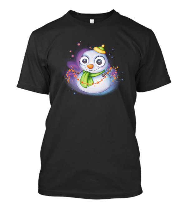 Cute Christmas Snowman With Green Scarf And Yellow Hat Wrapped In Lights T-Shirt
