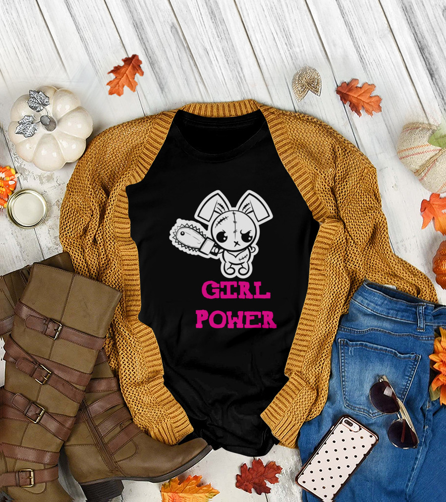 Girl Power Grumpy Voodoo Bunny with Chainsaw T-Shirt
