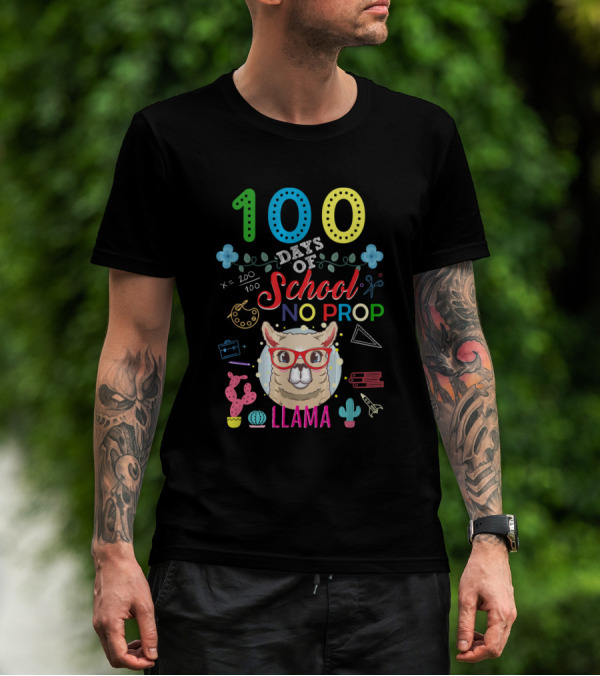 100 Days Of School No Prob Llama With Llama In Red Glasses And School Icons T-Shirt