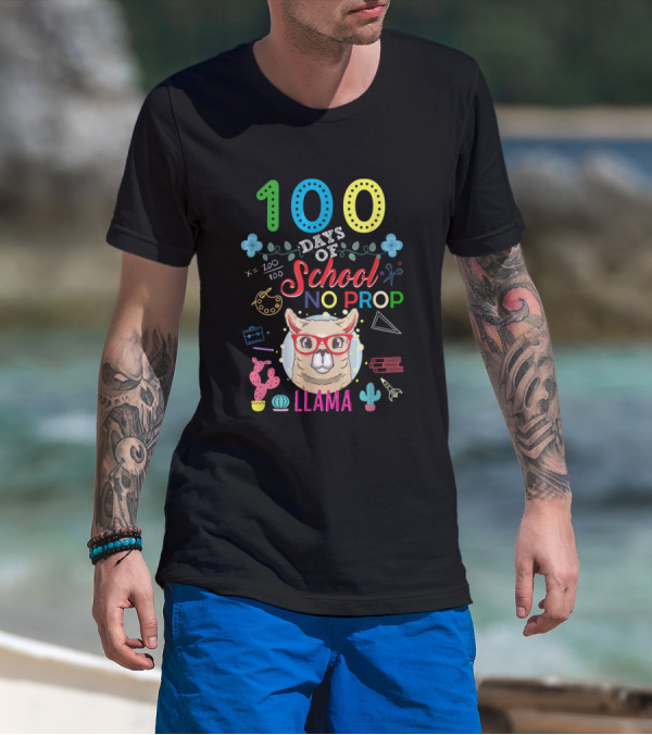 100 Days Of School No Prob Llama With Llama In Red Glasses And School Icons T-Shirt